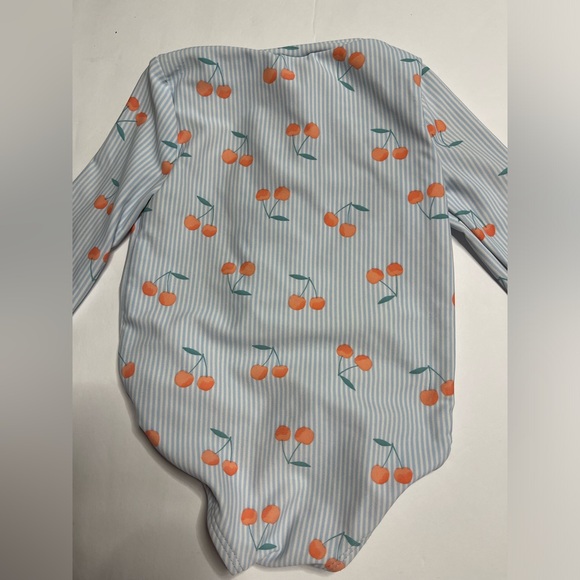 Long sleeve rash guard swimsuit 9M baby blue stripe with peach cherries zip snap - Picture 5 of 6